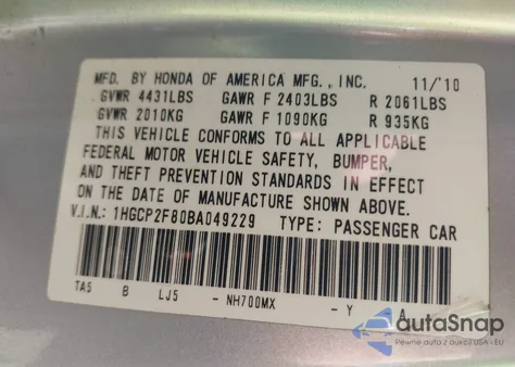 2011 Honda Accord 2.4 Ex-L из США, поврежденный, VIN 1HGCP2F80BA049229